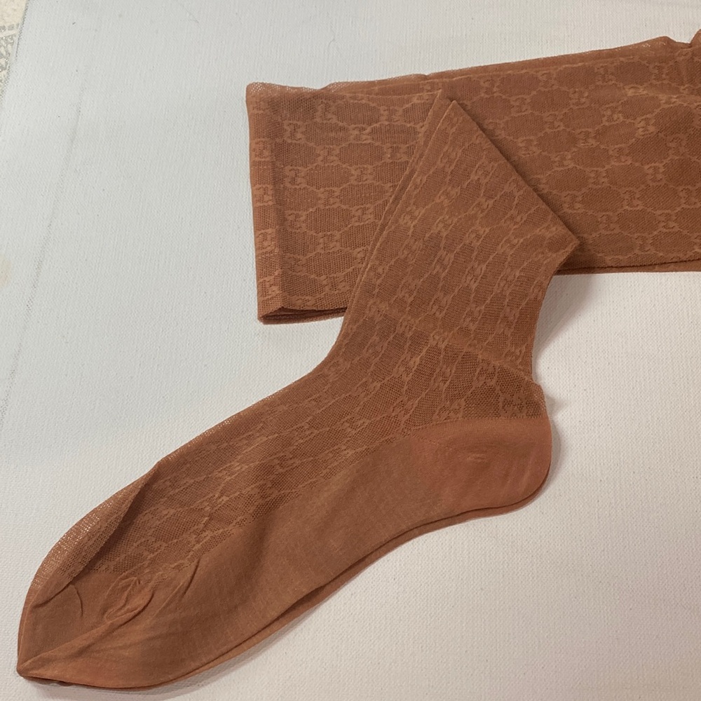 Rare Gucci GG Logo Nylons Thigh High Stockings Sheer Brown VTG package NEW
